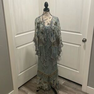 Spencer Alexis Teal with Gold Lace Three Piece Formal Dress